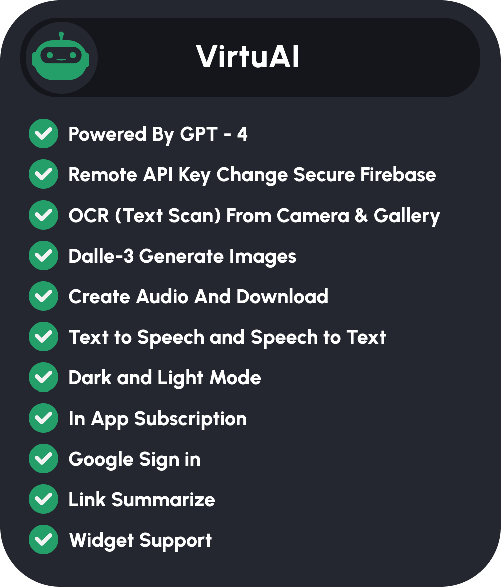 VirtuAI ChatGPT GPT-4, Dall-E-3 AI Art Image, AI Voice Text to Speech Mobile Kotlin Android App - 3